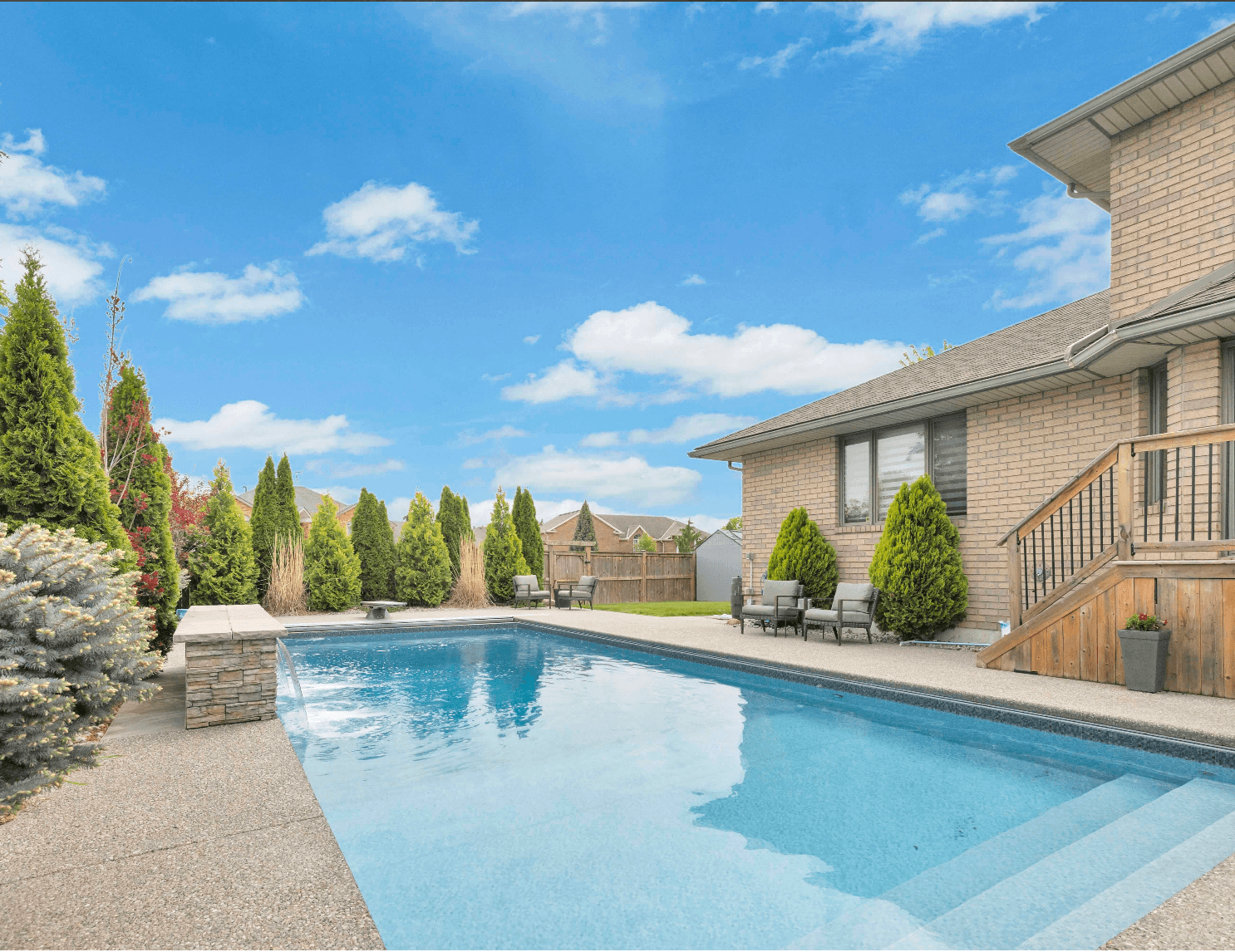Backyard with inground pool and landscaped cedars