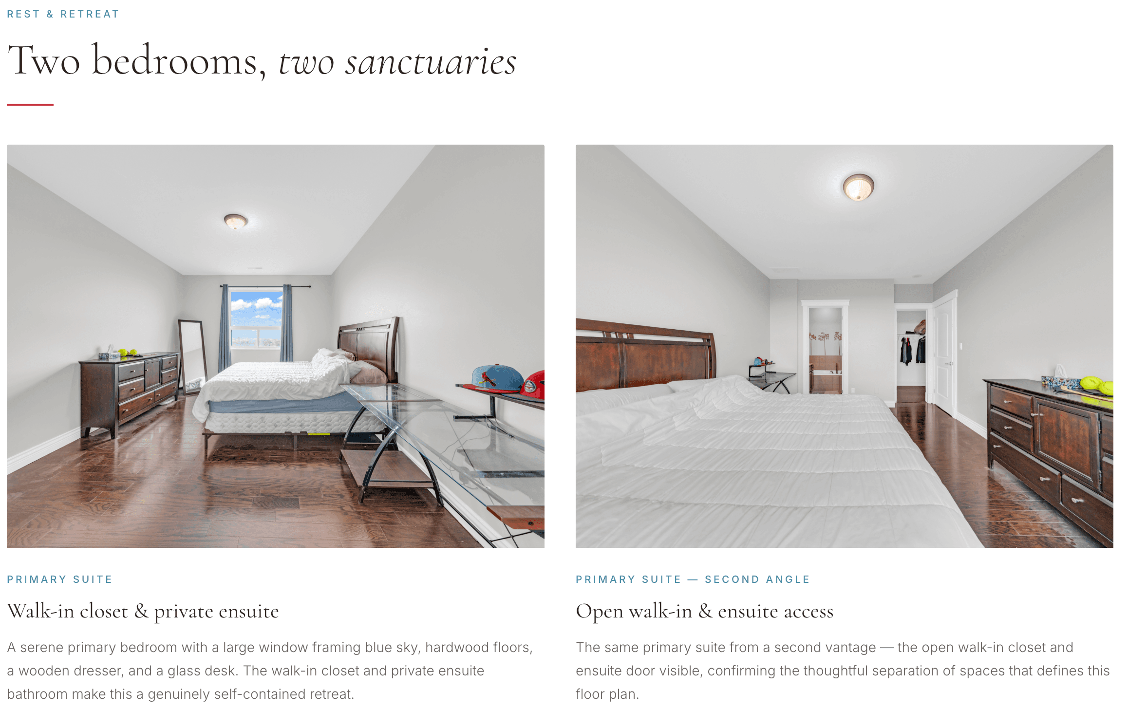 HousePeek treatment screenshot showing a room gallery for a primary suite, bedroom, and home office