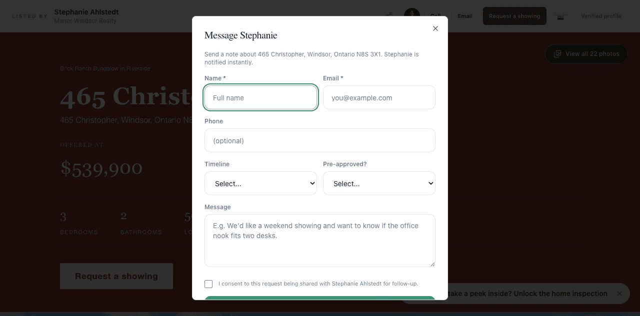 Stephanie Ahlstedt’s live showing-inquiry form with consent control