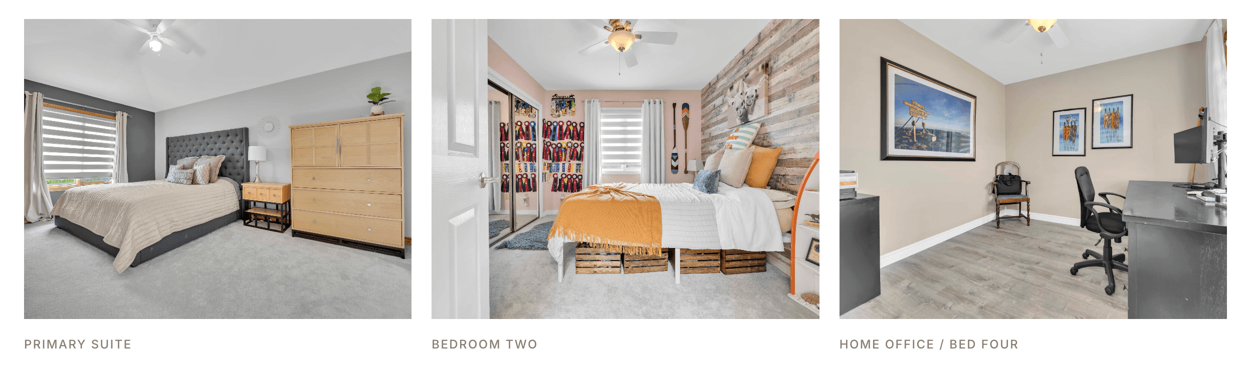Primary suite, second bedroom, and home office shown in sequence
