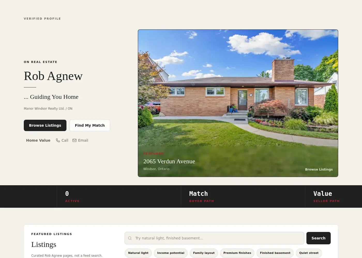 Rob Agnew's agent page with his featured listing