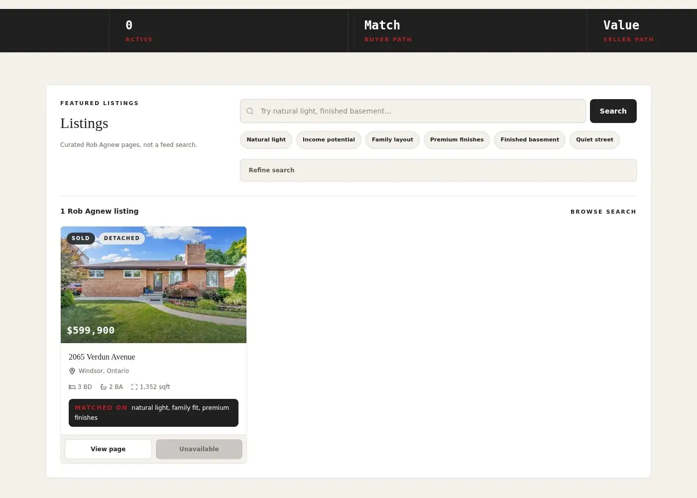 Listing search on Rob Agnew's agent page