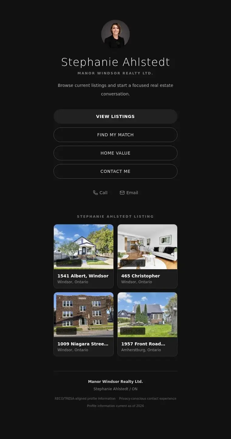 Stephanie Ahlstedt's bio page on a phone, dark theme