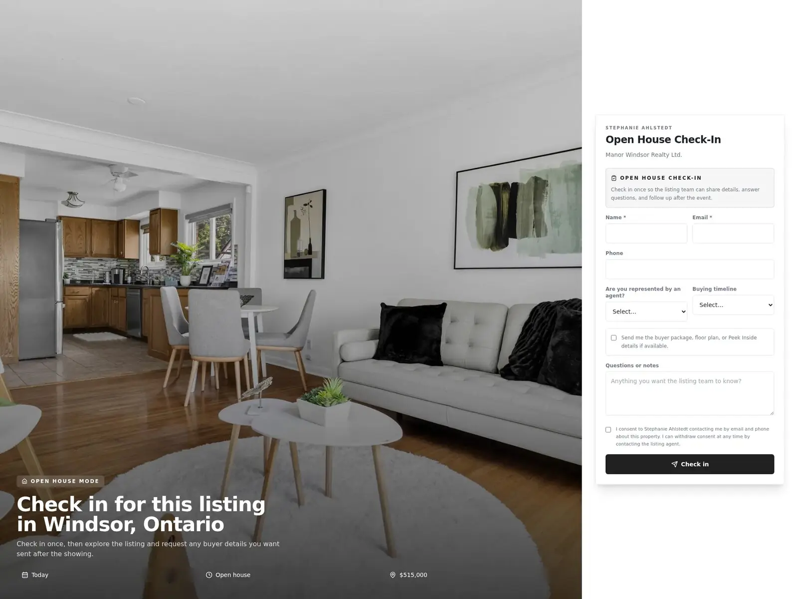 Open house check-in page with a full-bleed living room photo and the check-in form