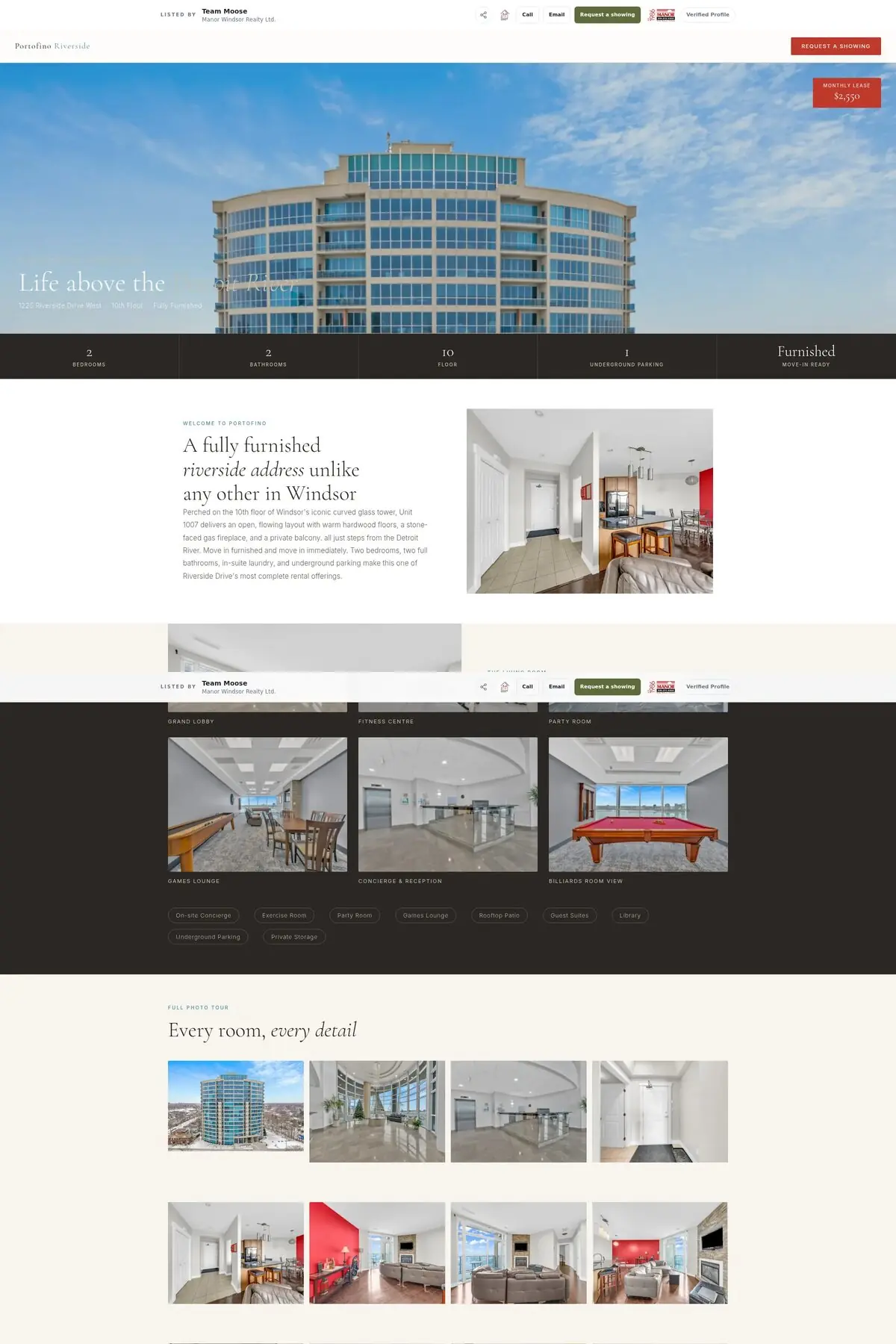 The Portofino Riverside listing page, scrolling from hero photo to floor plans